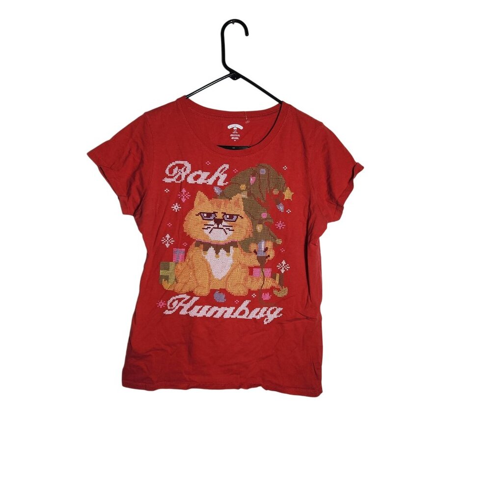 Holiday Time Womens Red Bah Humbug Christmas Cat Graphic T-Shirt L/G